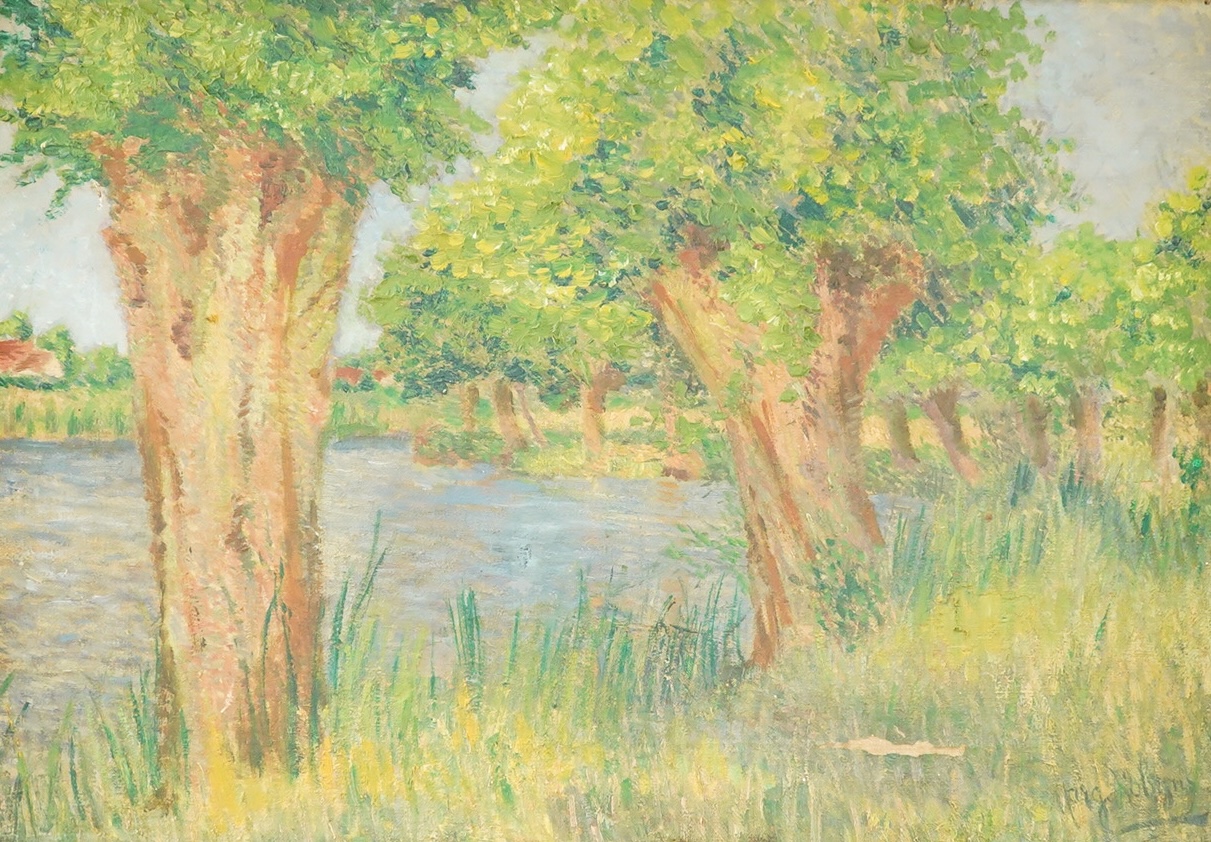 Robyns, Lakeside landscape, indistinctly inscribed in ink and partial stencil verso, oil on canvas, 30 x 44cm